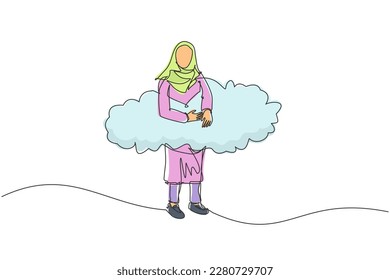 Una sola línea dibujando a una mujer de negocios árabe colgando en las nubes. Esperando el éxito, la libertad financiera, ganando el proyecto de negocios, el concepto de logro. Ilustración vectorial de diseño de línea continua