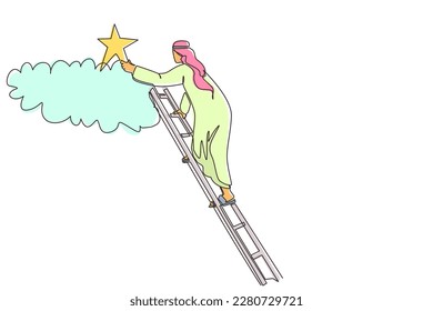 Single one line drawing Arab businessman is standing on stairs and reaching star on the sky. Goals and dreams. Business, career, achievement concept. Continuous line design graphic vector illustration
