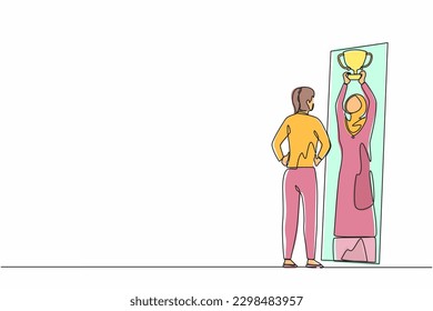 Una sola línea dibujando a una muchacha árabe parada frente al espejo mirando su reflejo, imaginarse a si misma exitosa levantando la copa de trofeo. Mujer narcisista. Vector gráfico de diseño de línea continua