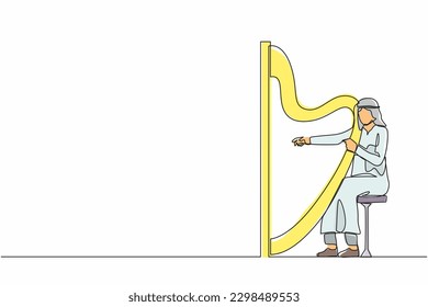 Single one line drawing Arab man musician playing harp. Classical music performer character with musical instrument. Male sitting and playing harp. Continuous line design graphic vector illustration