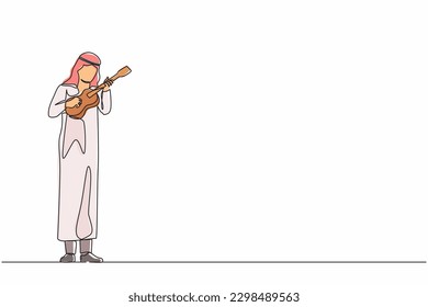 Single one line drawing Arab guy playing on ukulele and singing having fun. Male musician holding small guitar and singing. Man play on musical instrument. Continuous line draw design graphic vector