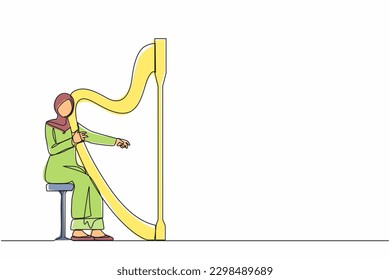 Single one line drawing Arab woman musician playing harp. Classical music performer character with musical instrument. Female sitting, playing harp. Continuous line design graphic vector illustration