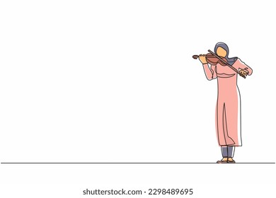 Single one line drawing Arab woman musician playing violin. Classical music performer with musical instrument. Female musician playing violin at music festival. Continuous line design graphic vector