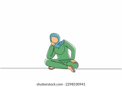 Single one line drawing Arab businesswoman who is asking questions or is confused because she gets into problem. Running out of idea, daydreaming, sad, depressed. Continuous line design graphic vector