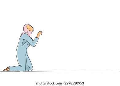 Single one line drawing Arab businesswoman or manager is on her knees and ask for help. Woman in business blazer praying. Psychological therapy, treatment. Continuous line draw design graphic vector