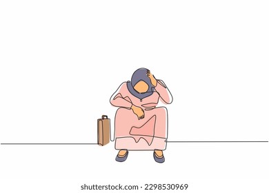 Single one line drawing Arab businesswoman feeling sad, depression, holding head, and sitting on the floor. Frustrated worker mental health problems. Continuous line design graphic vector illustration