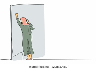 Eine einzige Zeile, die arabische Geschäftsfrau weinte traurig verlor ihre Chance. Depressive Büroangestellte, die an die Wand wollte, verlieren ihren Job. Depressive Störung, Trauer. Grafikvektor mit kontinuierlicher Zeilengestaltung