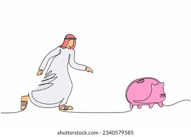 Single one line drawing Arab businessman chasing piggy bank. Saving money concept. Financial loss, economic crisis. Business metaphor. Modern continuous line draw design graphic vector illustration