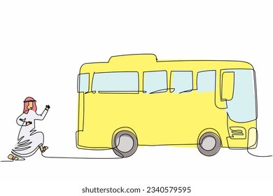 Single one line drawing Arab businessman running chasing bus. Male manager running for an outgoing bus. Latecomer office worker running to reach a bus. Continuous line draw design vector illustration