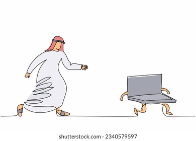 Single one line drawing Arab businessman chasing laptop. Employee who works in office who has deadlines and tasks that are constantly being chased. Continuous line design graphic vector illustration