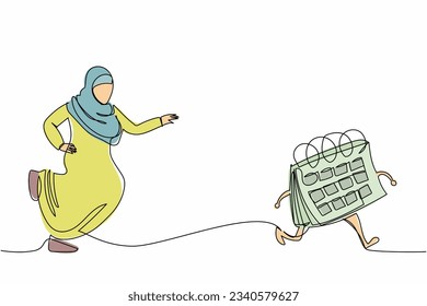 Single one line drawing Arab businesswoman chasing calendar. Manager planning, schedule and appointments business meeting. Time management optimization. Continuous line draw design vector illustration
