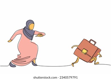 Single one line drawing Arab businesswoman chasing briefcase. Manager trying to success at office. Best performance work to growth career path. Continuous line draw design graphic vector illustration