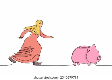 Single one line drawing Arab businesswoman chasing piggy bank. Management financial for personal use. Female manager maintain monetary crisis. Continuous line draw design graphic vector illustration