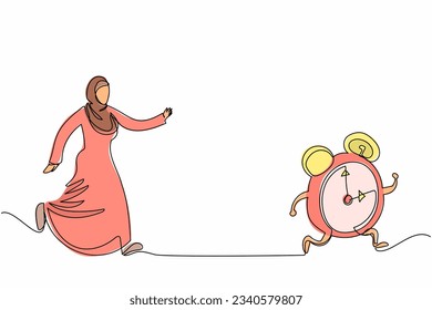 Single one line drawing Arab businesswoman chasing alarm clock. Hurry wake up in the morning to work. Female worker chase by deadline project. Continuous line draw design graphic vector illustration