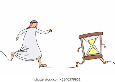 Single one line drawing Arab businessman chasing hourglass. Office worker run for finish working deadline. Time management. Business metaphor. Continuous line draw design graphic vector illustration