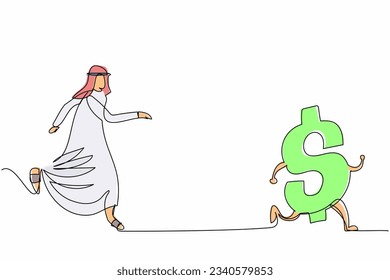 Single one line drawing Arab businessman chasing dollar symbol. Pursuit to success, wealth, financial freedom, rich, investment. Business metaphor. Continuous line design graphic vector illustration