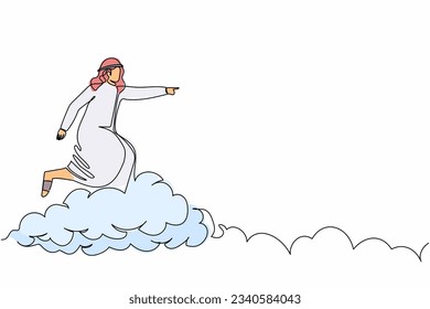 Una sola línea que dibuja a un empresario árabe montando nubes en el cielo, apuntando hacia adelante, ir a la futura improvisación. Gestor en el camino de la nube al éxito. Ilustración gráfica de diseño de trazos de línea continua