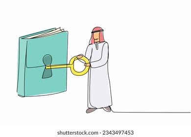 Single one line drawing Arab businessman putting big key into book. Smart executive manager unlock textbook, knowledge. Library. Key to new information. Continuous line draw design vector illustration