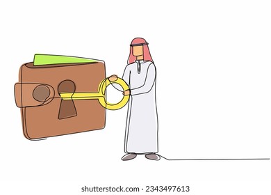 Single one line drawing Arab businessman putting big key into wallet. Personal money protection financial security. Unlock digital purse for shopping. Continuous line draw design vector illustration