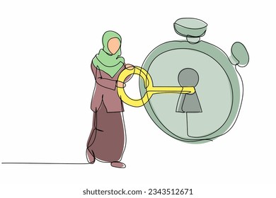 Una sola línea que dibuja a una mujer de negocios árabe pone la llave en un cronómetro. Tiempo para el proyecto de negocios de fecha límite. Planificación eficaz para el trabajo productivo. Ilustración gráfica de diseño de trazos de línea continua