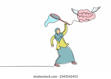 Eine einzige Linie ziehende arabische Geschäftsfrau versucht, fliegendes Gehirn mit Schmetterlingsnetz zu fangen. Verlieren Sie brillanten Geist oder kreatives Denken Konzept. Grafische Vektorgrafik für kontinuierliche Zeilenzeichnung
