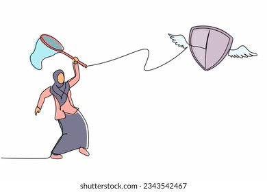 Single one line drawing Arab businesswoman try to catch flying shield with butterfly net. Loss of body protection due to not being vaccinated. Continuous line draw design graphic vector illustration