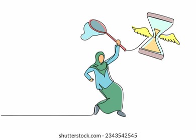 Single one line drawing Arab businesswoman try to catching flying hourglass with butterfly net. Losing measurement project deadline. Business metaphor. Continuous line draw design vector illustration