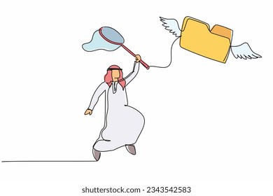 Single one line drawing Arab businessman try to catching flying folder with butterfly net. Losing document and file archive. Business metaphor. Continuous line draw design graphic vector illustration