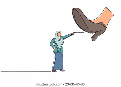 Single one line drawing Arab businesswoman facing against giant shoes stomping. Office worker pointing against giant foot step. Minimalism metaphor. Continuous line design graphic vector illustration