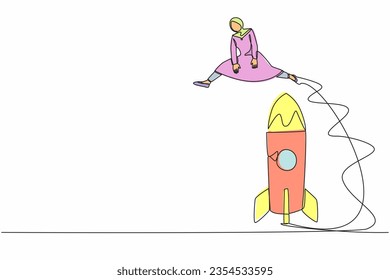 Single one line drawing Arab businesswoman jumping over big rocket. Successful startup launch preparation. Space rocket ready to fly. Business project. Continuous line draw design vector illustration