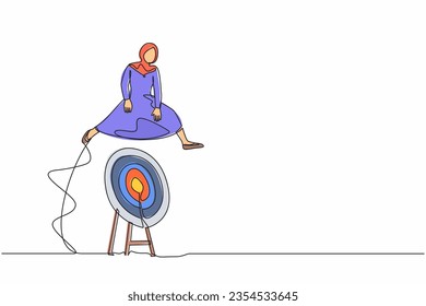 Single one line drawing Arab businesswoman jumping on big archery bullseye target. Achievement target goals. Advancement in career or business growth. Continuous line draw design vector illustration