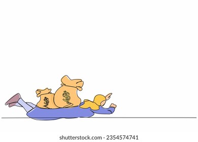 Single one line drawing Arab businesswoman under heavy money bag burden. Finance crisis money fall down. Economic crash due to pandemic. Modern continuous line draw design graphic vector illustration