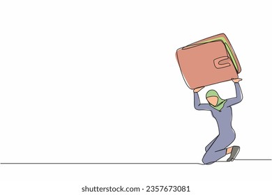Single one line drawing Arab businesswoman carrying heavy wallet on her back. Tired office worker losing money. Financial and economic crisis. Continuous line draw design graphic vector illustration