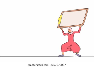 Single one line drawing Arab businesswoman carrying heavy clipboard on her back. Busy worker with checklist document, overworked from overload tasks. Continuous line design graphic vector illustration