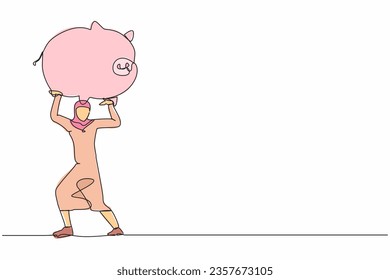 Single one line drawing Arab businesswoman carrying heavy piggy bank on her back. Broke or financial problem due to pandemic. Searching money in crisis. Continuous line draw design vector illustration