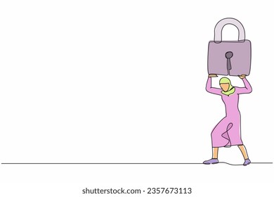 Single one line drawing Arab businesswoman carrying heavy padlock on her back. Business closing down or bankruptcy in Covid-19 pandemic lockdown crisis. Continuous line draw design vector illustration