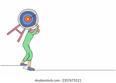 Single one line drawing Arab businesswoman carrying heavy target on her back. Effort and ambition to reach goals, challenge to win competition. Continuous line draw design graphic vector illustration