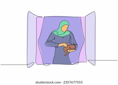 Single one line drawing Arab woman holding cat and looking through window. Stay home and play with her pet. Stay safe during pandemic. Coronavirus. Continuous line design graphic vector illustration