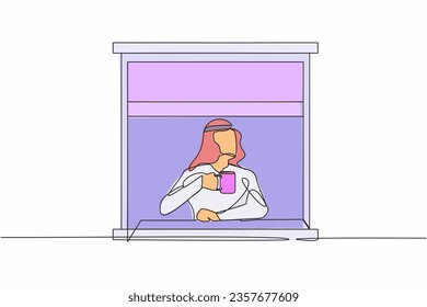 Single one line drawing Arab man enjoy hot coffee or tea in window house. Male holding mug, looking through window while sitting on windowsill at home. Continuous line draw design vector illustration