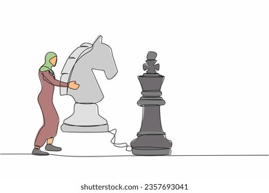 Single one line drawing Arab businesswoman holding horse chess piece to beat king chess. Business development strategy, winning competition, tactics in game. Continuous line design vector illustration