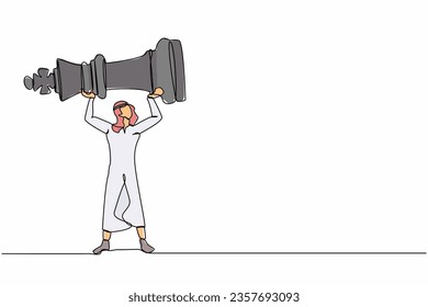 Single one line drawing Arab businessman holding or lifting king chess piece. Successful entrepreneurship tactic, strategy, superiority in business. Continuous line design graphic vector illustration