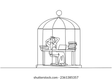 Single one line drawing Arab businessman trapped in cage sitting on office chair holding head. Being in a routine trap. Tired and irritated with the daily grind. Continuous line design illustration