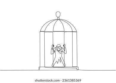 Single one line drawing Arab businessman trapped in cage kneeling holding iron bars. Framed by business partner. Have to bear all the consequences. Unfair. Continuous line design graphic illustration