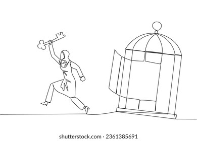 Single one line drawing Arab businesswoman running out of cage holding key. The concept of freedom from something that binds. Freedom to advance business. Continuous line design graphic illustration