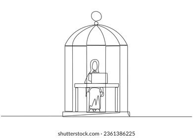 Single one line drawing Arab businesswoman trapped in cage sitting and typing on laptop computer. Tiring routine. Unhappy businessman with many deadline. Continuous line design graphic illustration