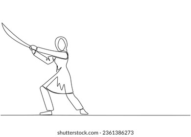Una sola línea que dibuja a una mujer de negocios árabe sosteniendo samurai. Estilizado como un atleta samurai vigilando el negocio. Preparado para eliminar la perturbación del crecimiento de las empresas. Ilustración gráfica de diseño de línea continua