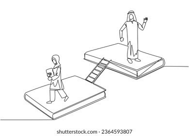 Single one line drawing Arab man woman walking on books. Book exhibition concept. Display many books, scientific book to fiction story book. Book festival. Continuous line design graphic illustration