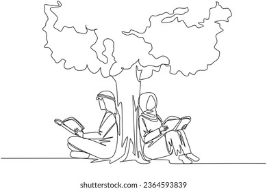 Eine einzige Linie ziehende arabische Frau, die unter schattigem Baum das Buch liest. Fortsetzung des zweiten Bandes der Geschichte der Fiktion. Schön Lesen. Buchfestival. Grafische Abbildung des Liniendesigns