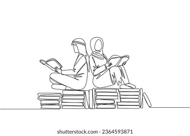 Single one line drawing Arab man woman sitting relax reading book on pile of books. Relax while reading fiction book. Enjoy the storyline. Book festival concept. Continuous line graphic illustration