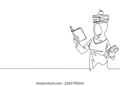 Una sola línea dibujando a una mujer árabe leyendo un libro practicando el equilibrio. Libros apilados encima de la cabeza junto con la manzana. Equilibrio entre ritmo de lectura, enfoque de tren. Ilustración gráfica de diseño de línea continua